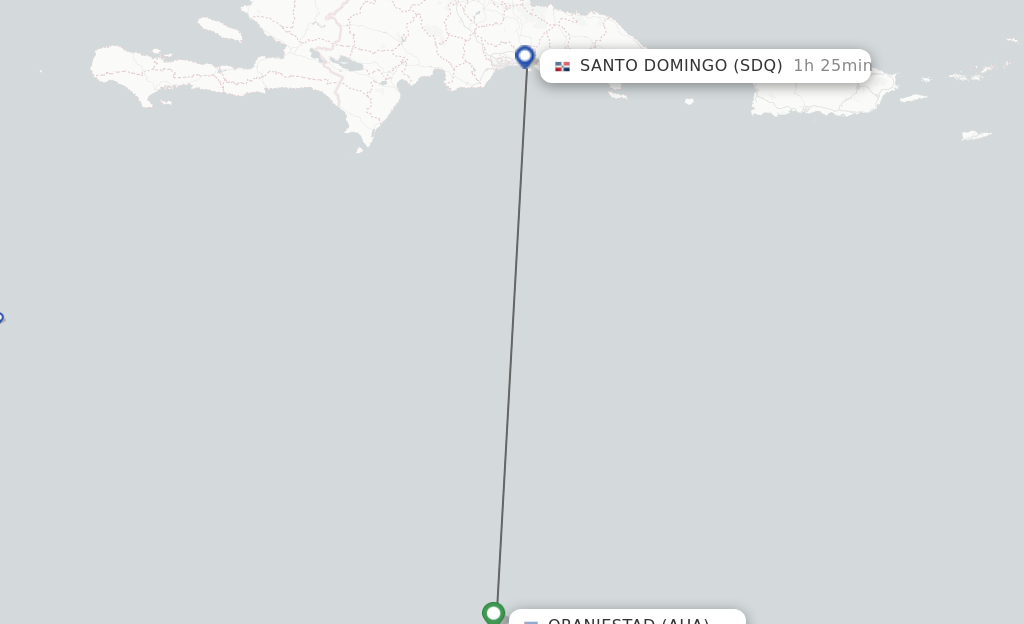 Flights from Aruba to Santo Domingo route map