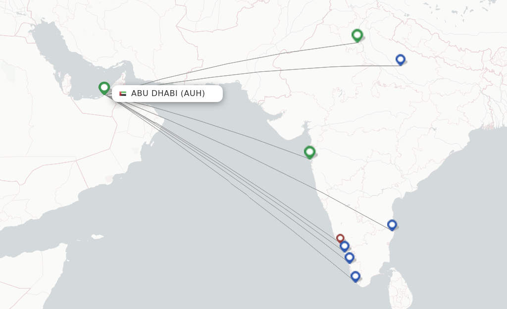 Route map with flights from Abu Dhabi with IndiGo