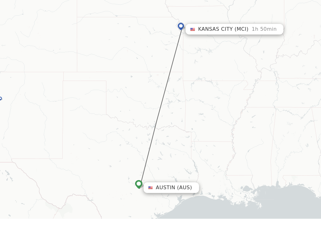 Flights from Austin to Kansas City route map