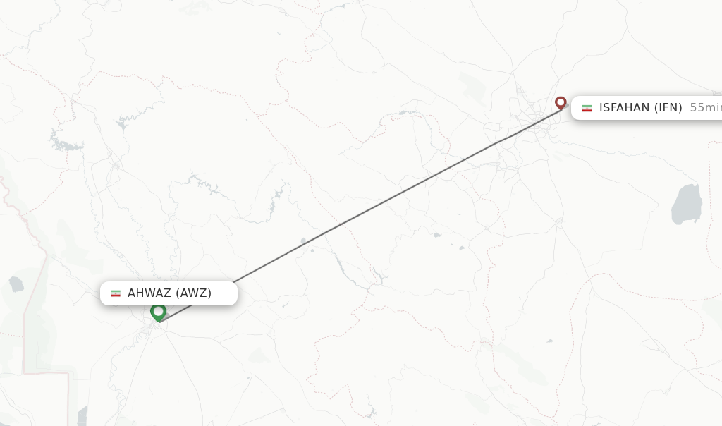 Flights from Ahwaz to Isfahan route map