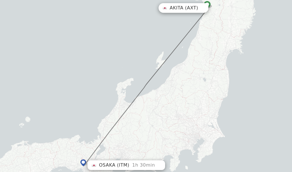 Flights from Akita to Osaka route map