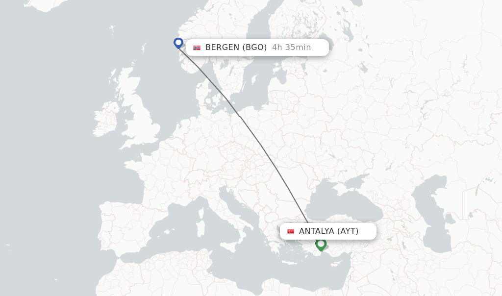 Flights from Antalya to Bergen route map