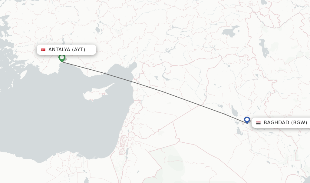 Flights from Antalya to Baghdad route map