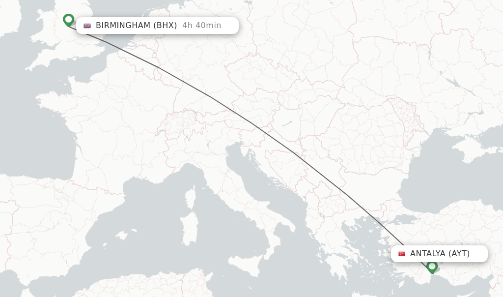 Flights from Antalya to Birmingham route map