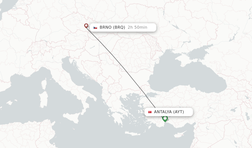 Flights from Antalya to Brno route map