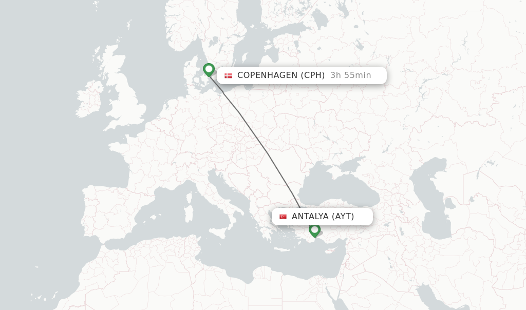 Flights from Antalya to Copenhagen route map