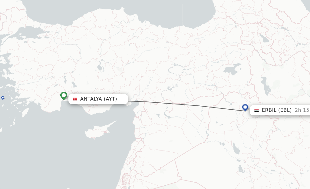Flights from Antalya to Erbil route map