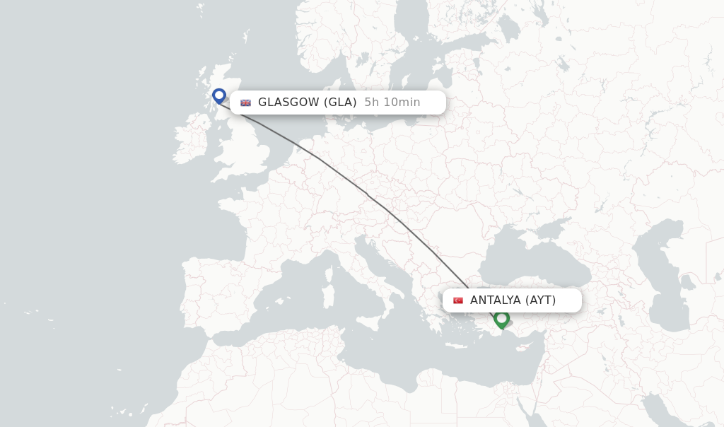 Flights from Antalya to Glasgow route map