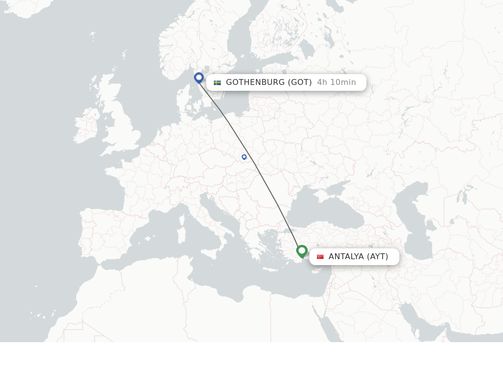 Flights from Antalya to Gothenburg route map