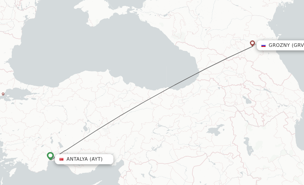 Flights from Antalya to Groznyy route map