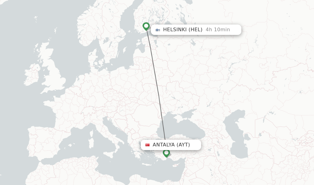 Flights from Antalya to Helsinki route map