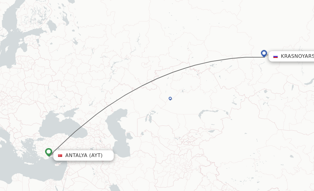 Flights from Antalya to Krasnojarsk route map