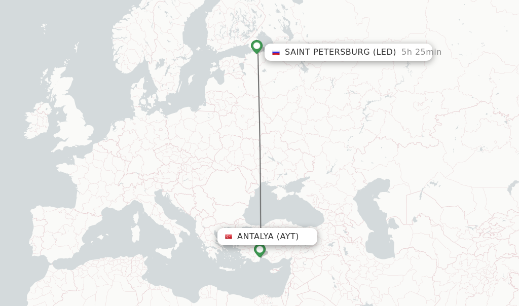 Flights from Antalya to Saint Petersburg route map