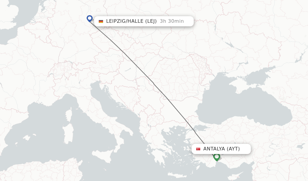 Flights from Antalya to Leipzig/Halle route map