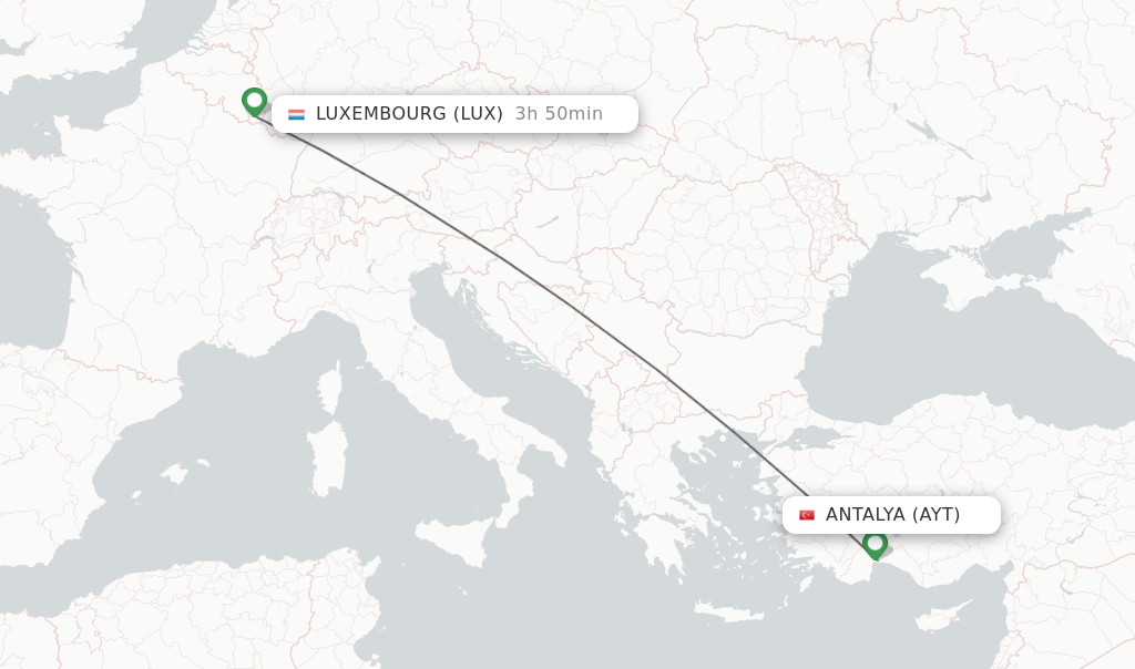 Flights from Antalya to Luxembourg route map