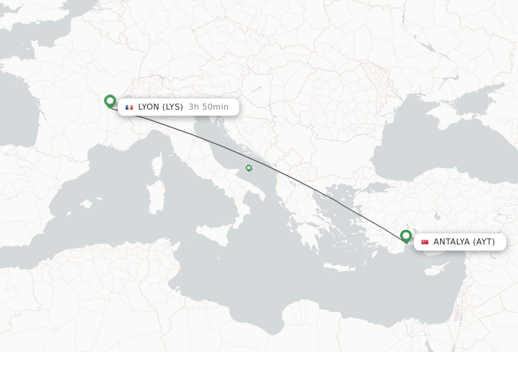 Flights from Antalya to Lyon route map