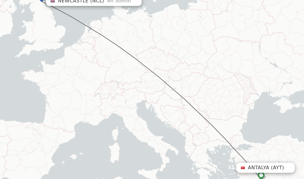 Flights from Antalya to Newcastle route map