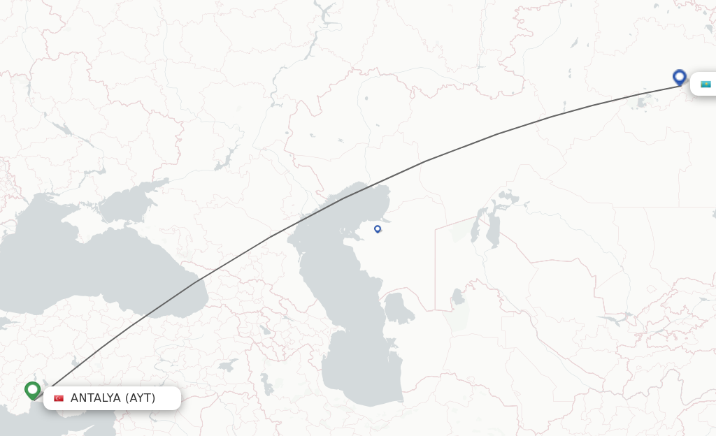 Flights from Antalya to Astana route map