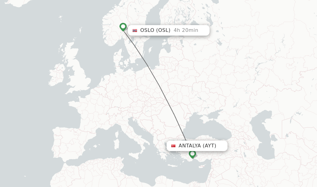 Flights from Antalya to Oslo route map