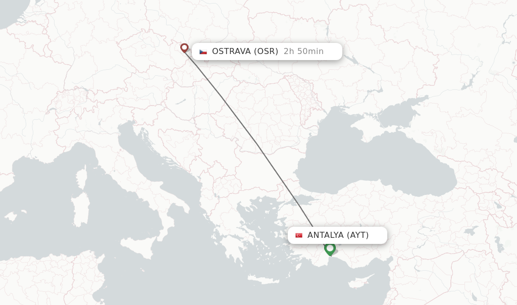 Flights from Antalya to Ostrava route map