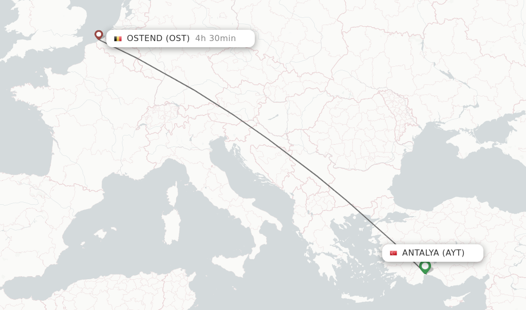 Flights from Antalya to Ostend route map