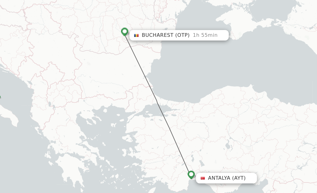 Flights from Antalya to Bucharest route map