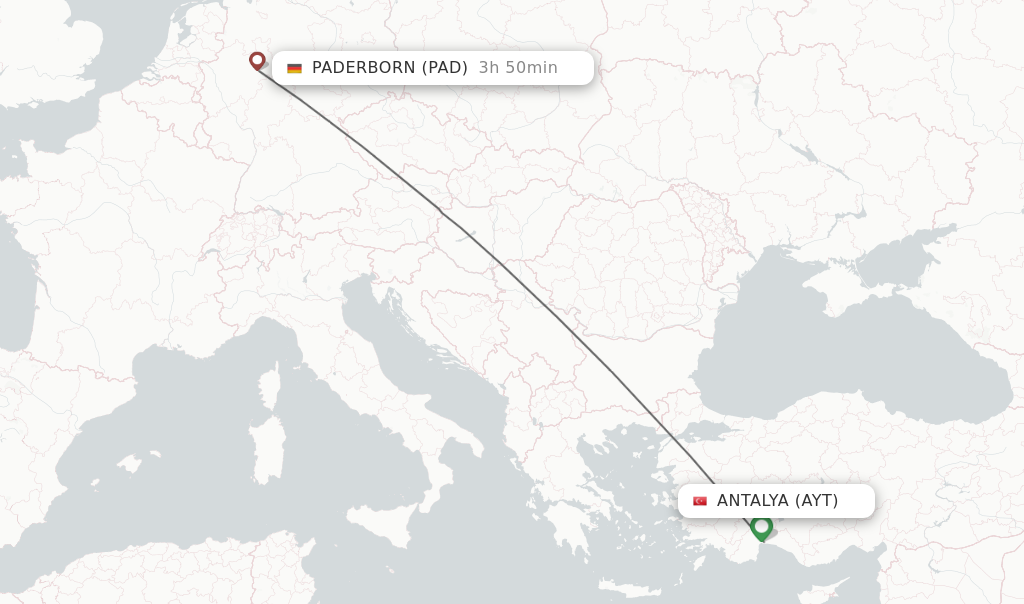 Flights from Antalya to Paderborn route map