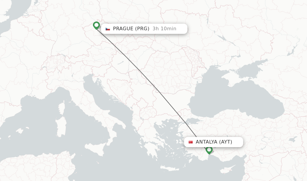 Flights from Antalya to Prague route map
