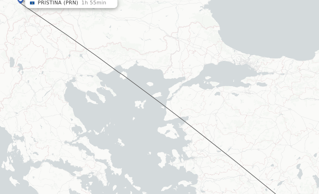 Flights from Antalya to Pristina route map