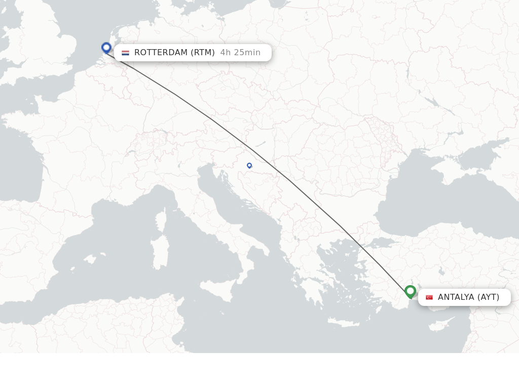 Flights from Antalya to Rotterdam route map