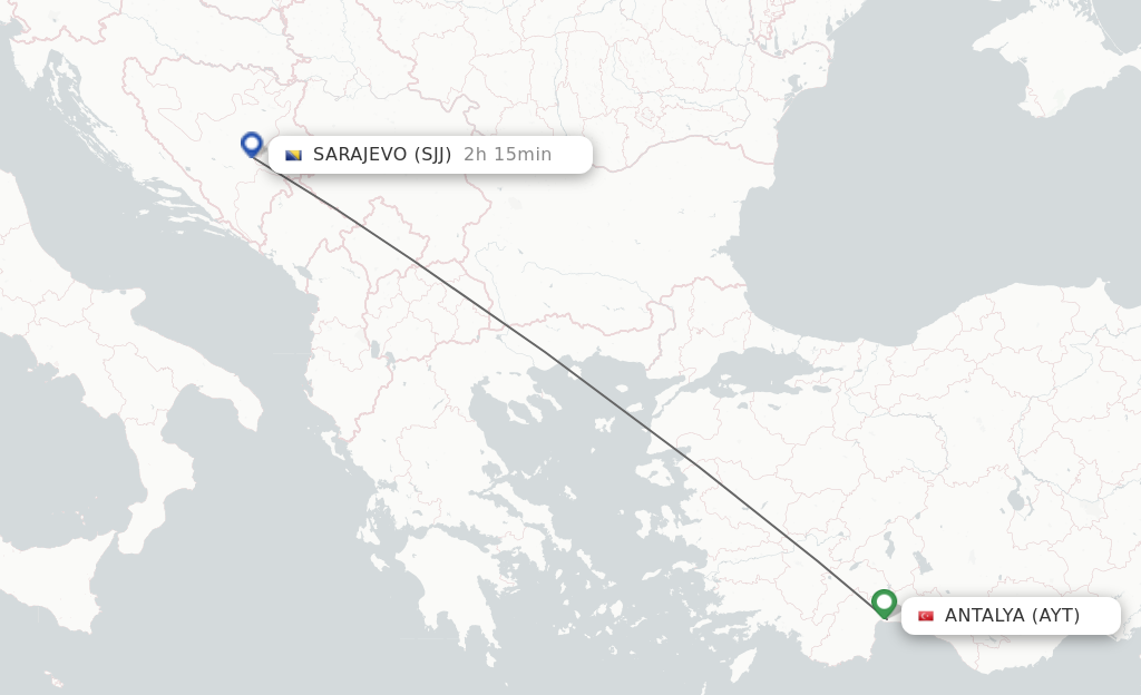 Flights from Antalya to Sarajevo route map