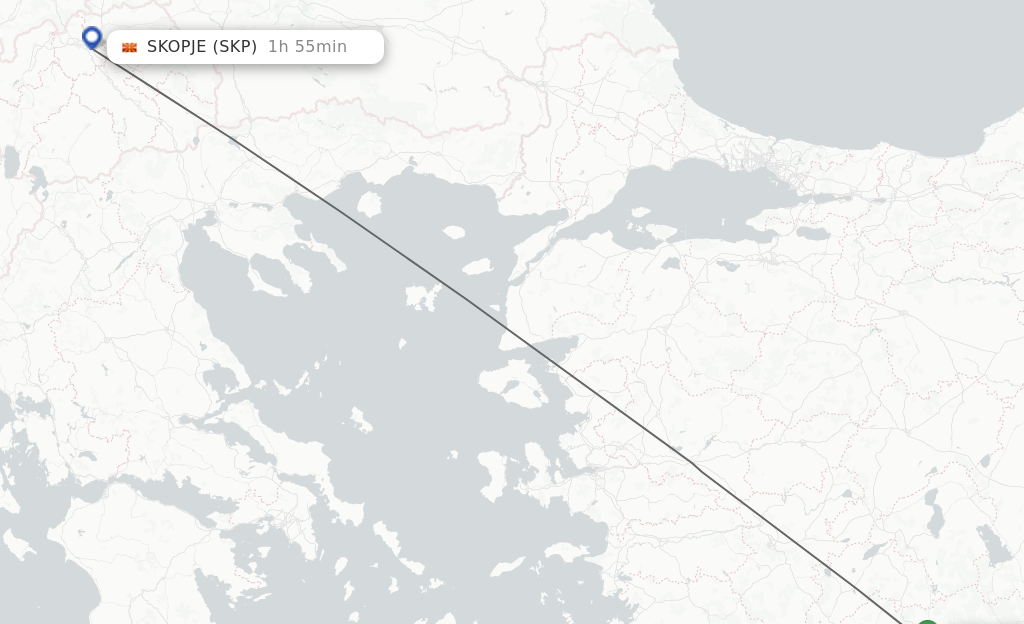 Flights from Antalya to Skopje route map