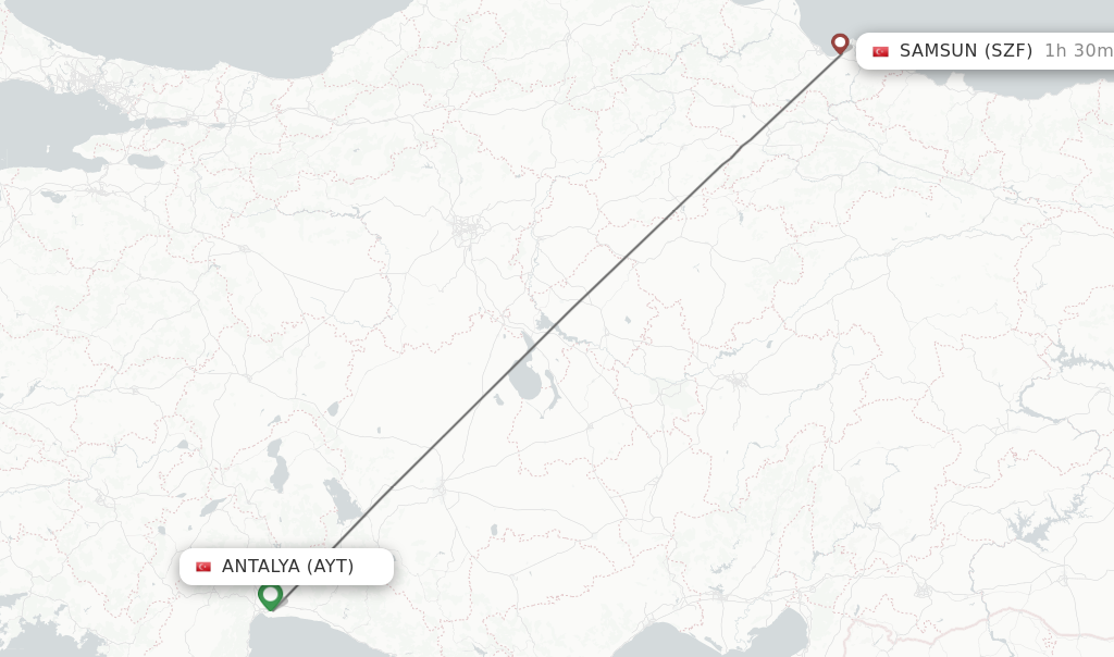 Flights from Antalya to Samsun route map