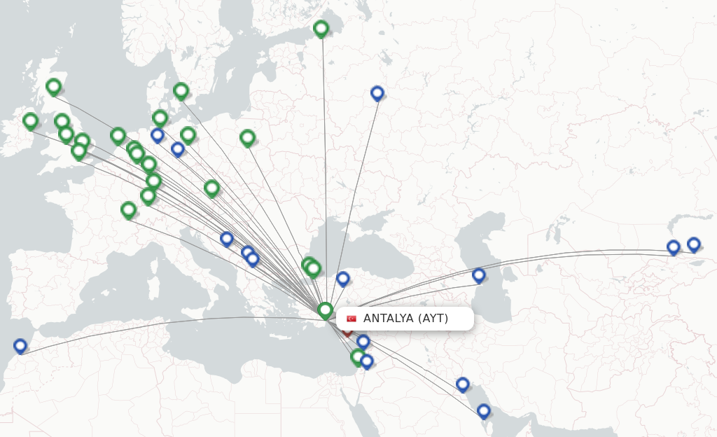 Route map with flights from Antalya with Turkish Airlines