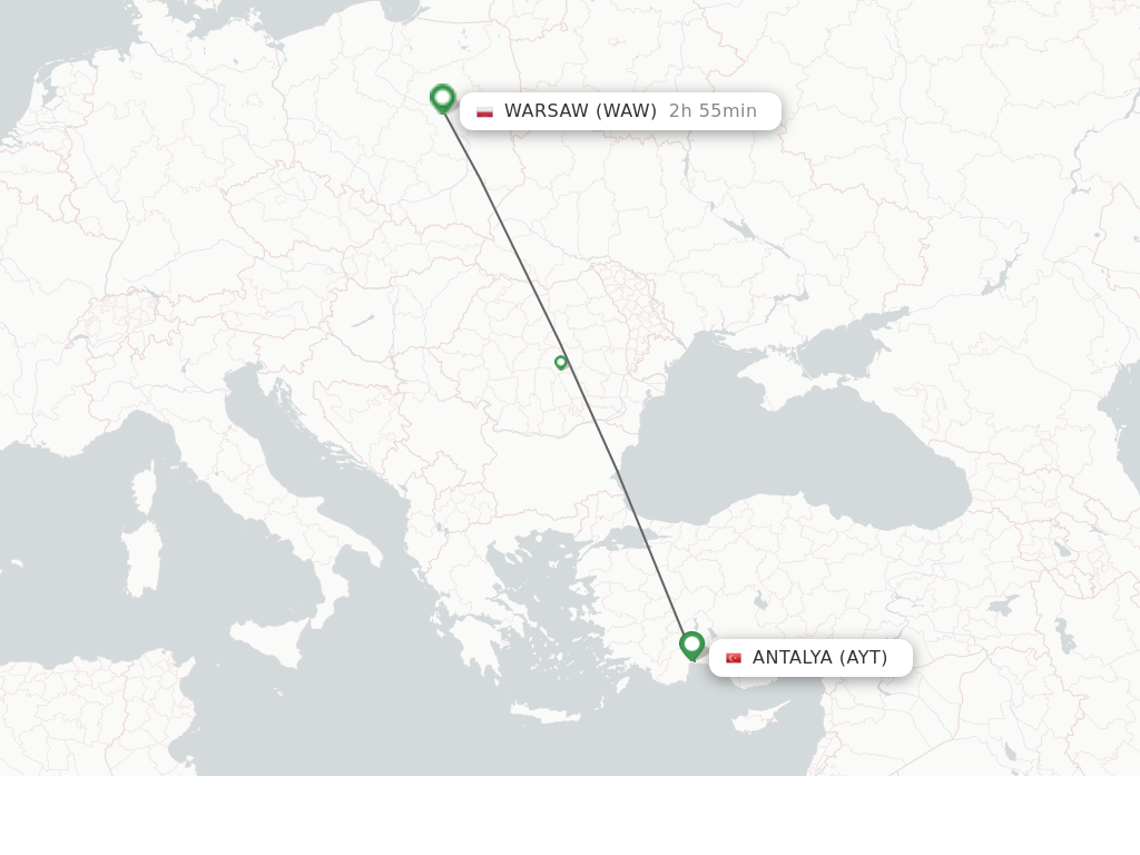 Flights from Antalya to Warsaw route map