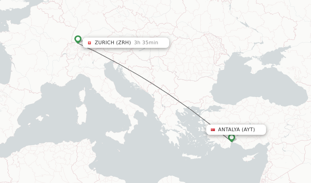 Flights from Antalya to Zurich route map