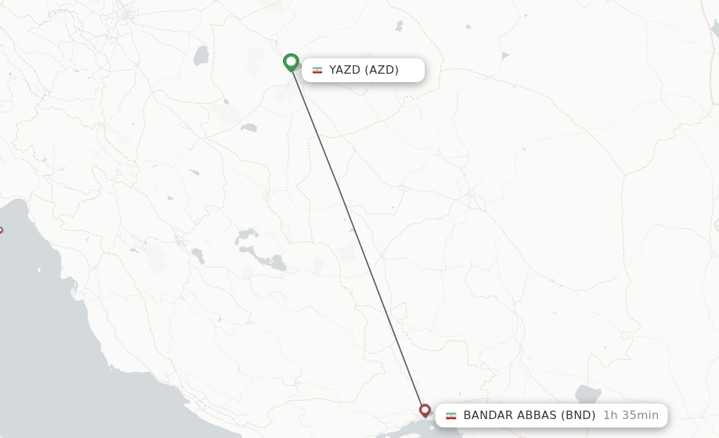 Flights from Yazd to Bandar Abbas route map