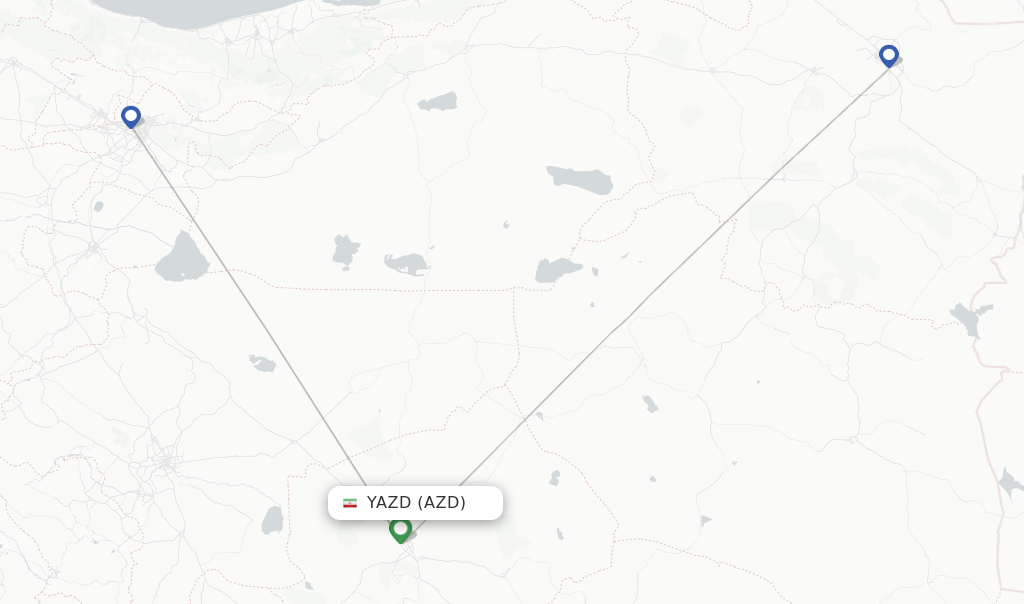 Route map with flights from Yazd with Iran Aseman Airlines