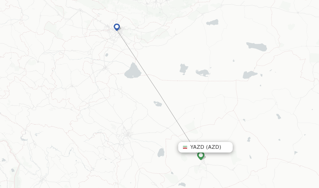 Route map with flights from Yazd with Iran Air