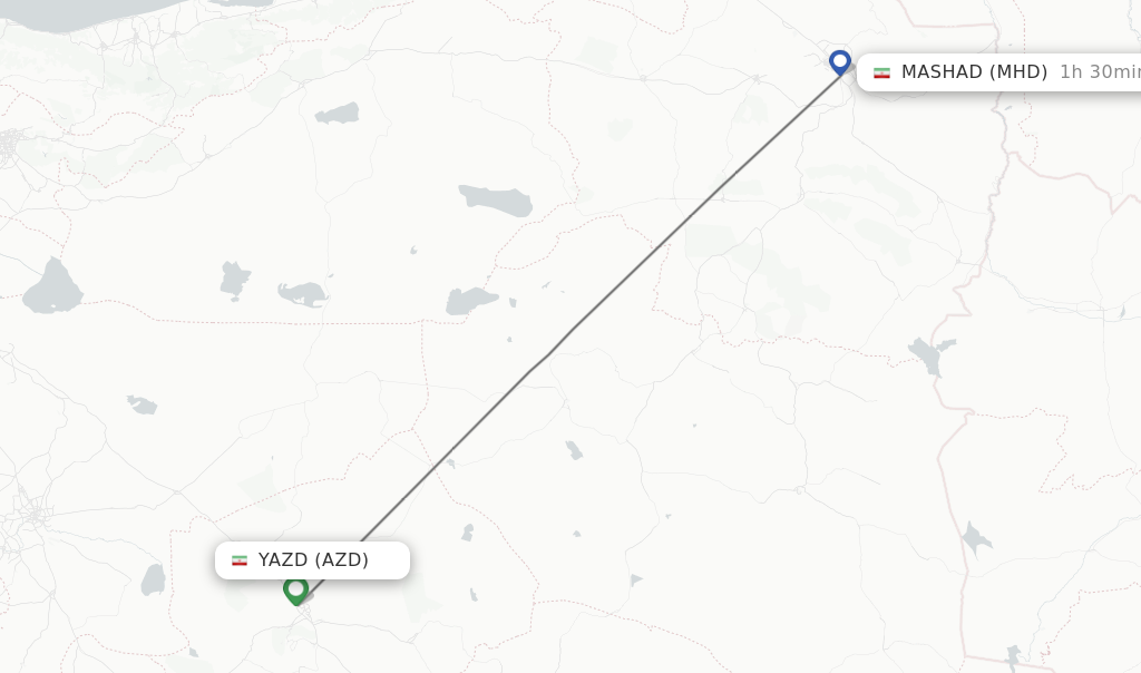Flights from Yazd to Mashad route map