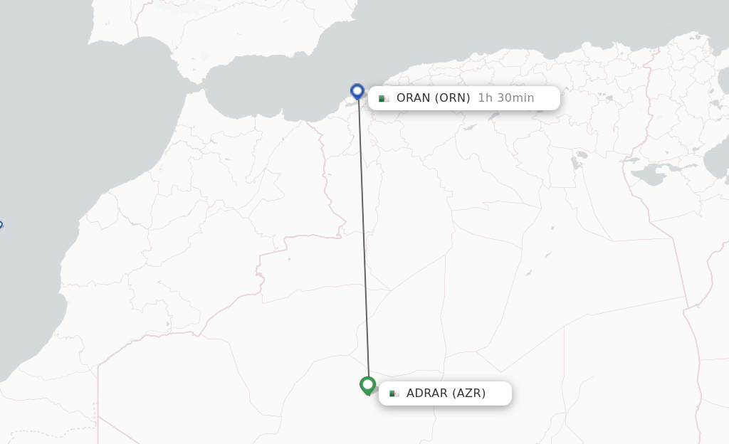 Flights from Adrar to Oran route map