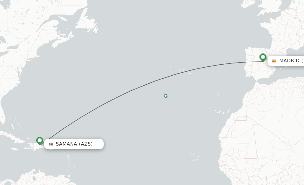 Flights from Madrid to Samana route map