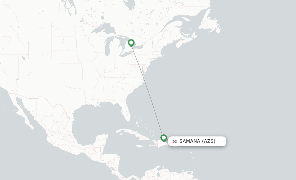 Route map with flights from El Catey/Samana with WestJet