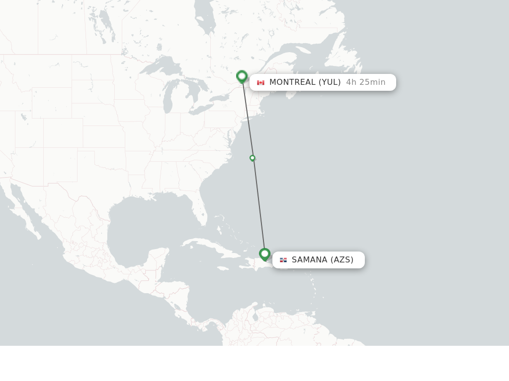 Flights from El Catey/Samana to Montreal route map