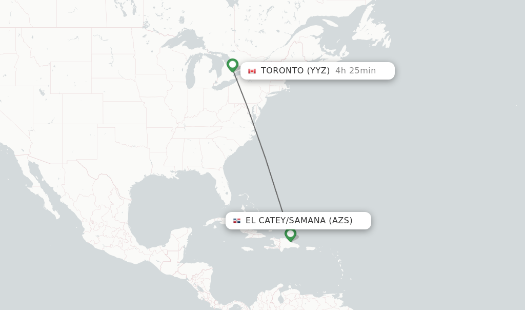 Flights from El Catey/Samana to Toronto route map