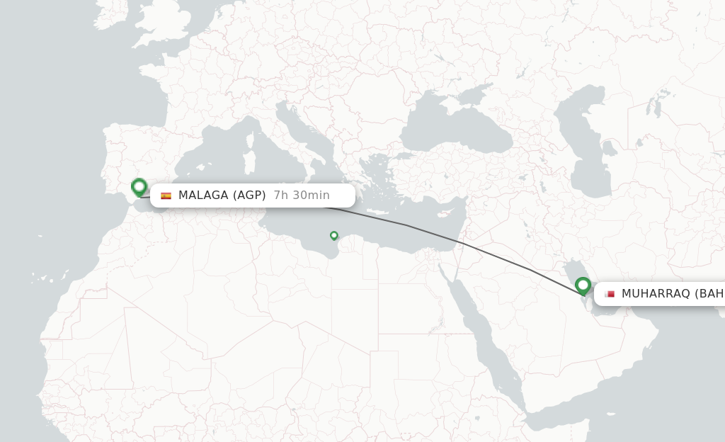 Flights from Bahrain to Malaga route map