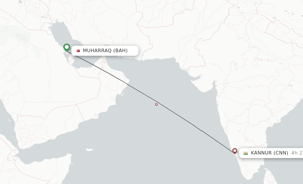 Flights from Bahrain to Kannur route map