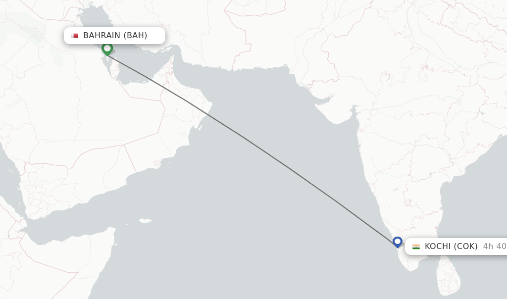 Flights from Bahrain to Kochi route map