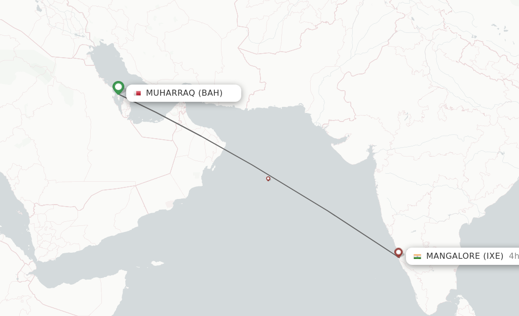 Flights from Bahrain to Mangalore route map