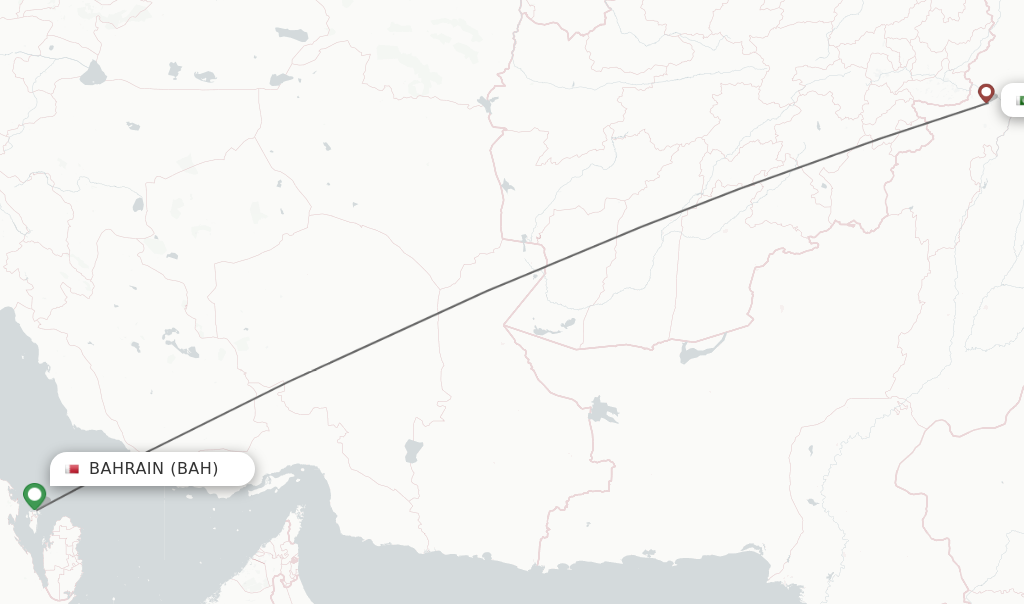 Flights from Bahrain to Peshawar route map